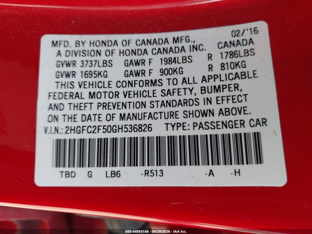 Honda Civic Lx 2016 2HGFC2F50GH536826 Image 9