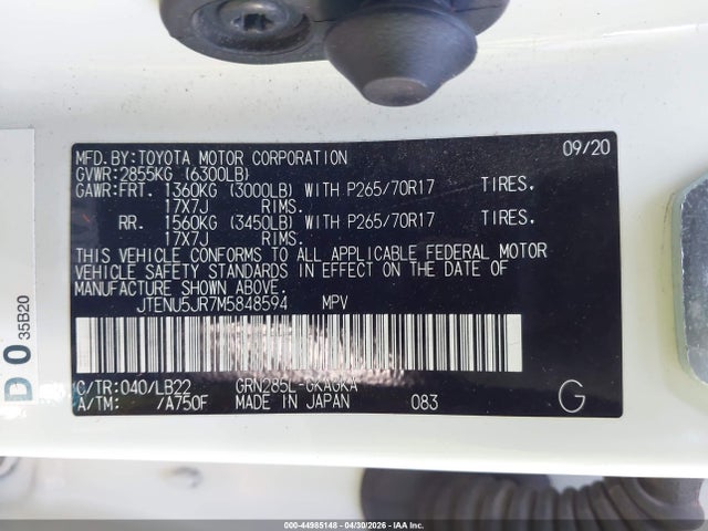 44985148 :رقم المزاد ، JTENU5JR7M5848594 vin ، 2021 Toyota 4runner Sr5 Premium مزاد بيع