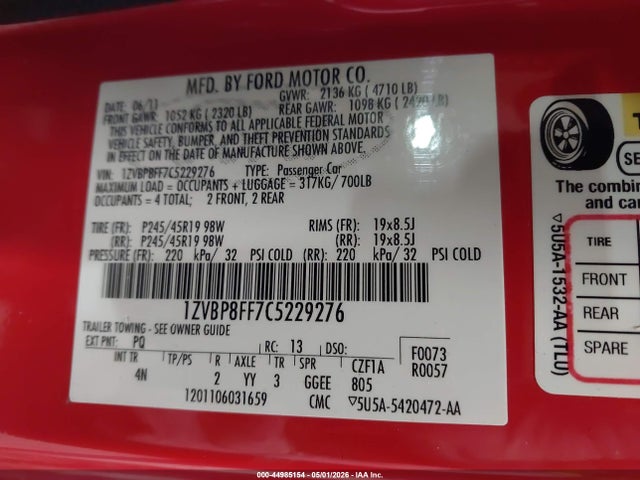Продажа на аукционе авто 2012 Ford Mustang Gt Premium, vin: 1ZVBP8FF7C5229276, номер лота: 44985154