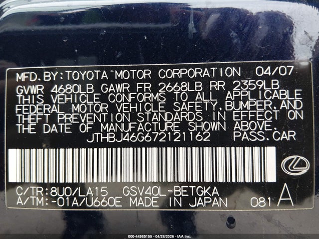 Aukcja sprzedaży 2007 Lexus Es 350, vin: JTHBJ46G672121162, numer aukcji: 44985155