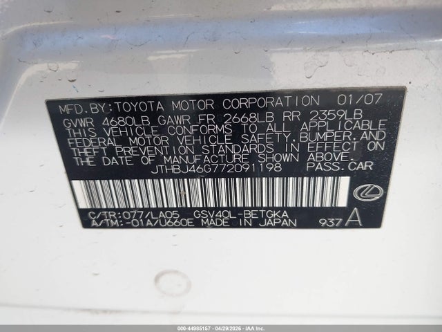 Auction sale of the 2007 Lexus Es 350, vin: JTHBJ46G772091198, lot number: 44985157