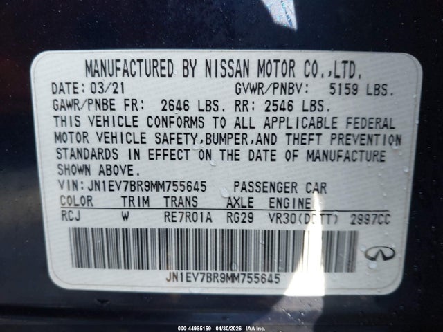 2021 Infiniti Q50 Luxe Awd მანქანა იყიდება აუქციონზე, vin: JN1EV7BR9MM755645, აუქციონის ნომერი: 44985159