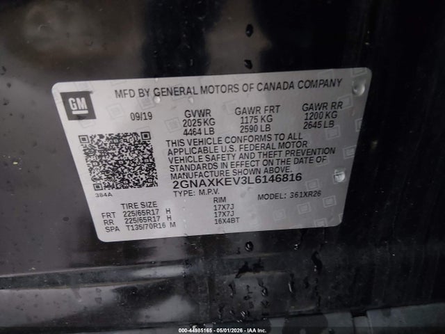 44985165 :رقم المزاد ، 2GNAXKEV3L6146816 vin ، 2020 Chevrolet Equinox Fwd Lt 1.5l Turbo مزاد بيع