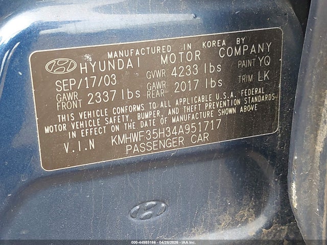 Продаж на аукціоні авто 2004 Hyundai Sonata Gls/lx, vin: KMHWF35H34A951717, номер лоту: 44985166