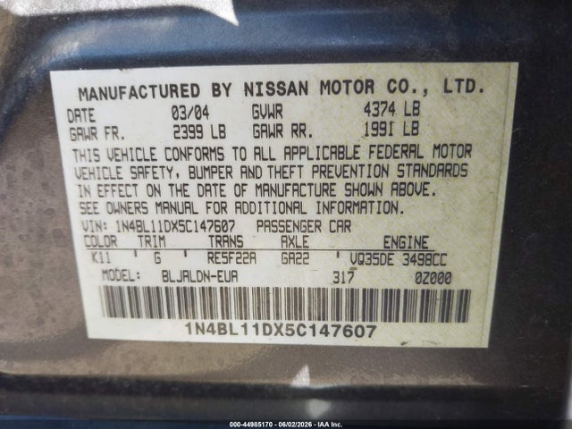 2005 Nissan Altima 3.5 Sl მანქანა იყიდება აუქციონზე, vin: 1N4BL11DX5C147607, აუქციონის ნომერი: 44985170