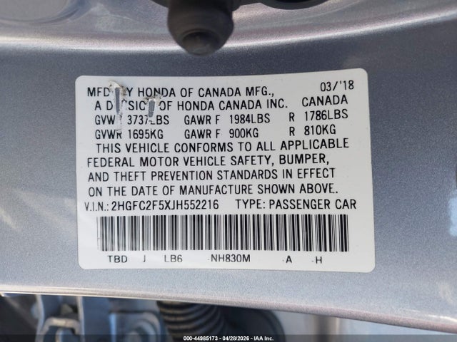 Honda Civic Lx 2018 2HGFC2F5XJH552216 Image 9