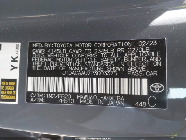 Aukcja sprzedaży 2023 Toyota Prius Le, vin: JTDACAAU7P3003375, numer aukcji: 44985175