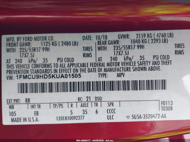 1FMCU9HD5KUA01505 Ford ESCAPE SEL