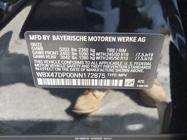 2022 Bmw X3 Sdrive30i მანქანა იყიდება აუქციონზე, vin: WBX47DP00NN172875, აუქციონის ნომერი: 44985182