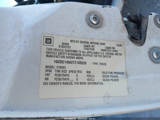 1996 Chevrolet Gmt-400 C1500 მანქანა იყიდება აუქციონზე, vin: 1GCEC14W2TZ169230, აუქციონის ნომერი: 44985183