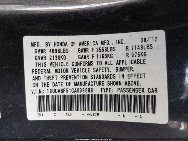 Aukcja sprzedaży 2012 Acura Tl 3.5, vin: 19UUA8F51CA039809, numer aukcji: 44985188