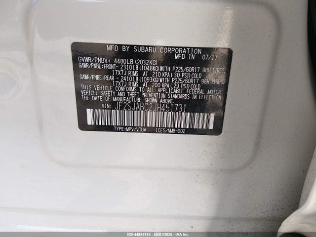 44985194 :رقم المزاد ، JF2SJABC2JH451731 vin ، 2018 Subaru Forester 2.5i مزاد بيع