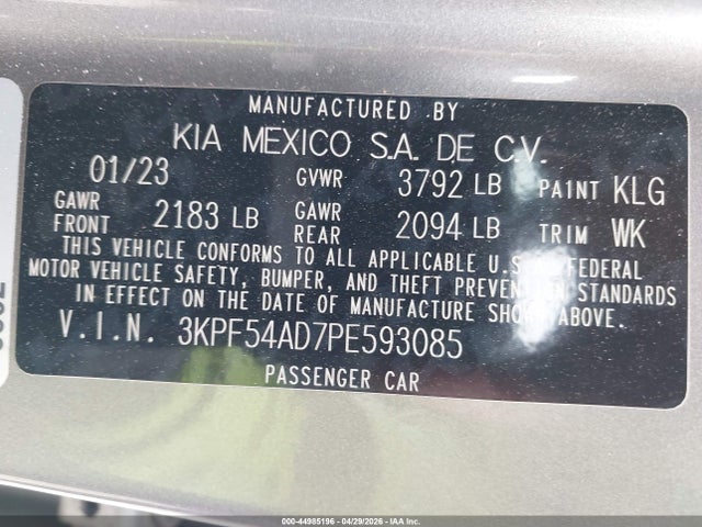 2023 Kia Forte Gt-line მანქანა იყიდება აუქციონზე, vin: 3KPF54AD7PE593085, აუქციონის ნომერი: 44985196