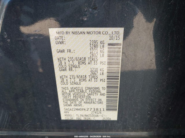 5N1AZ2MH0FN273811 Nissan MURANO SL