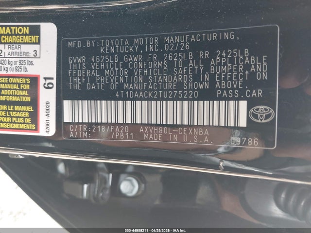 44985211 :رقم المزاد ، 4T1DAACK2TU275220 vin ، 2026 Toyota Camry Le مزاد بيع