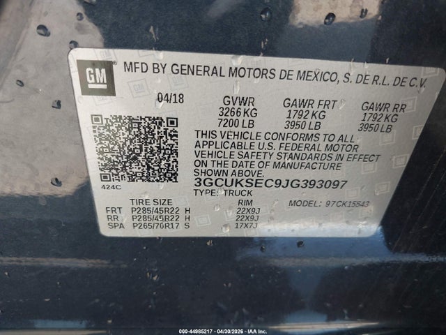 Aukcja sprzedaży 2018 Chevrolet Silverado 1500 2lz, vin: 3GCUKSEC9JG393097, numer aukcji: 44985217