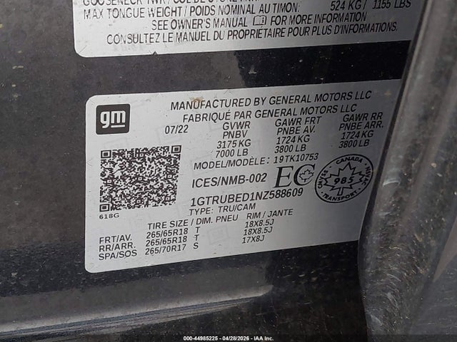 Aukcja sprzedaży 2022 Gmc Sierra 1500 Sle, vin: 1GTRUBED1NZ588609, numer aukcji: 44985225