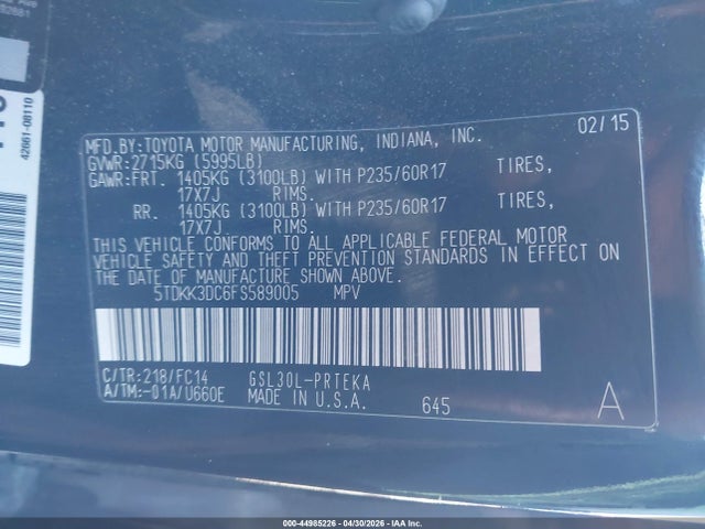 5TDKK3DC6FS589005 Toyota Sienna Le 8 Passenger
