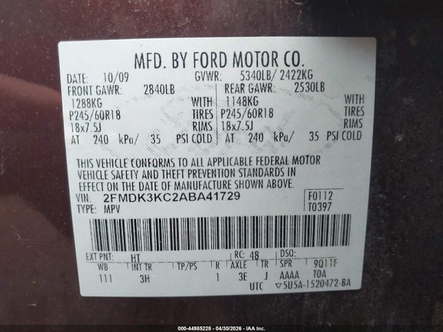 44985228 :رقم المزاد ، 2FMDK3KC2ABA41729 vin ، 2010 Ford Edge Limited مزاد بيع