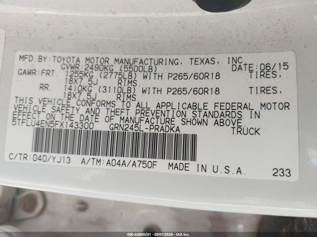 Aukcja sprzedaży 2015 Toyota Tacoma Base V6, vin: 5TFLU4EN5FX143300, numer aukcji: 44985231