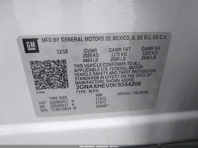 2019 Chevrolet Equinox Ls მანქანა იყიდება აუქციონზე, vin: 3GNAXHEV0KS554208, აუქციონის ნომერი: 44985248