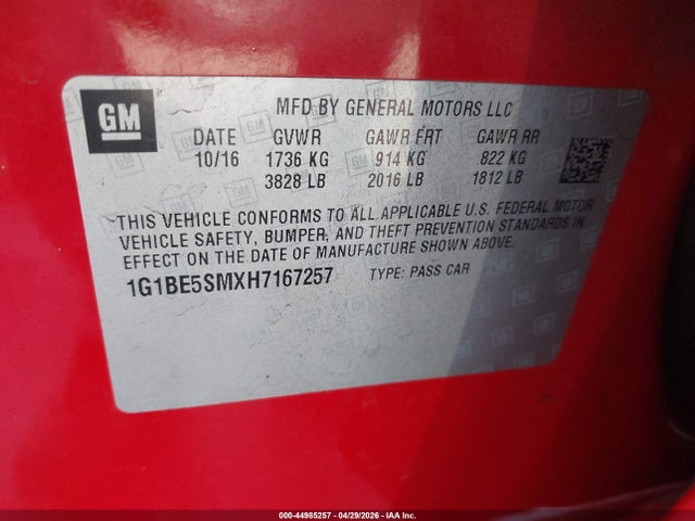 1G1BE5SMXH7167257 Chevrolet Cruze Lt Auto