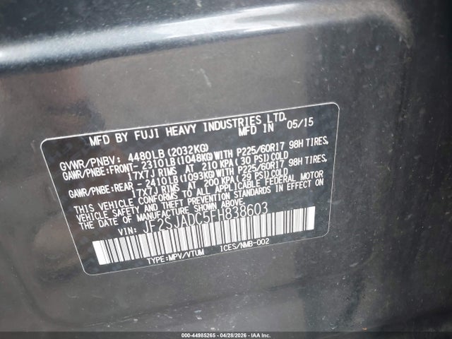 Продаж на аукціоні авто 2015 Subaru Forester 2.5i Premium, vin: JF2SJADC5FH838603, номер лоту: 44985265