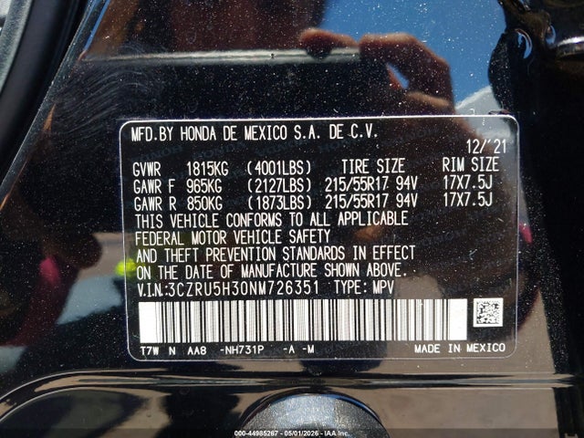 2022 Honda Hr-v 2wd Lx მანქანა იყიდება აუქციონზე, vin: 3CZRU5H30NM726351, აუქციონის ნომერი: 44985267