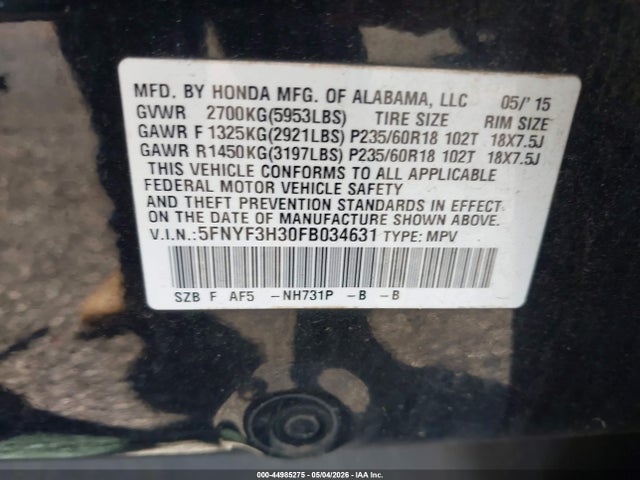 2015 Honda Pilot Se მანქანა იყიდება აუქციონზე, vin: 5FNYF3H30FB034631, აუქციონის ნომერი: 44985275