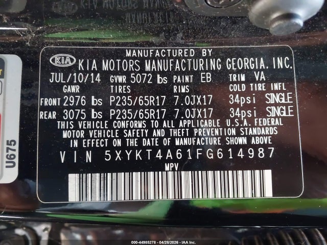 5XYKT4A61FG614987 KIA SORENTO LX