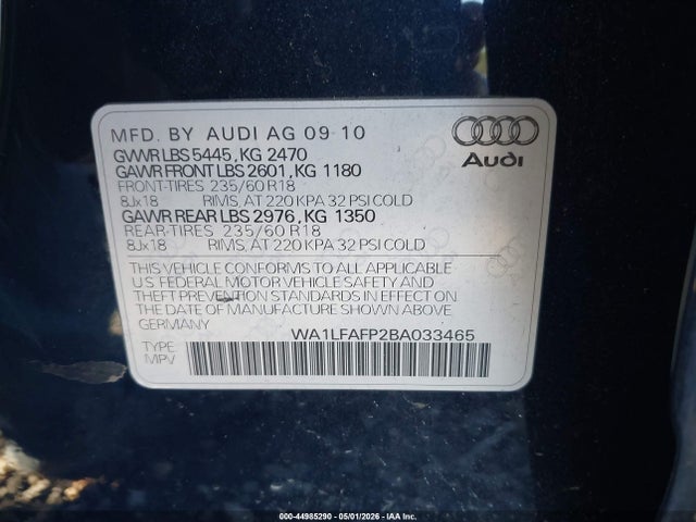 Aukcja sprzedaży 2011 Audi Q5 2.0t Premium, vin: WA1LFAFP2BA033465, numer aukcji: 44985290