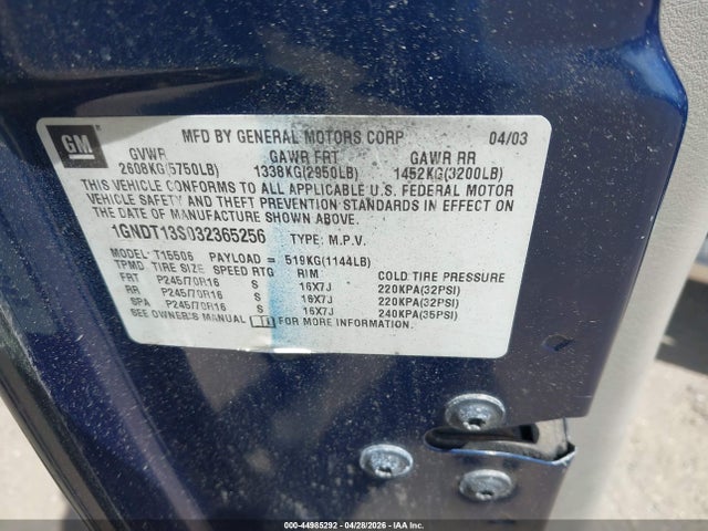 44985292 :رقم المزاد ، 1GNDT13S032365256 vin ، 2003 Chevrolet Trailblazer Ls مزاد بيع