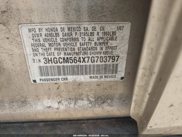 44985294 :رقم المزاد ، 3HGCM564X7G703797 vin ، 2007 Honda Accord 2.4 Lx مزاد بيع