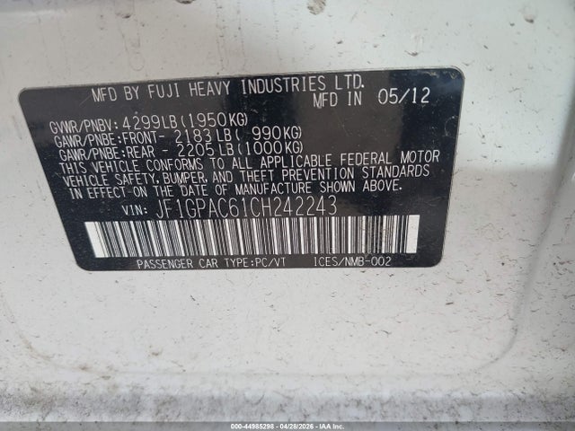 44985298 :رقم المزاد ، JF1GPAC61CH242243 vin ، 2012 Subaru Impreza 2.0i Premium مزاد بيع