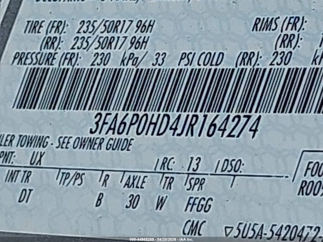44985299 :رقم المزاد ، 3FA6P0HD4JR164274 vin ، 2018 Ford Fusion Se مزاد بيع