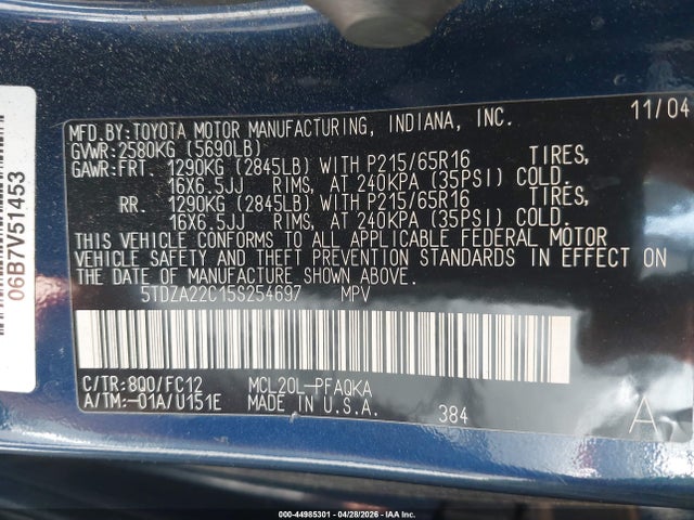 2005 Toyota Sienna Xle მანქანა იყიდება აუქციონზე, vin: 5TDZA22C15S254697, აუქციონის ნომერი: 44985301