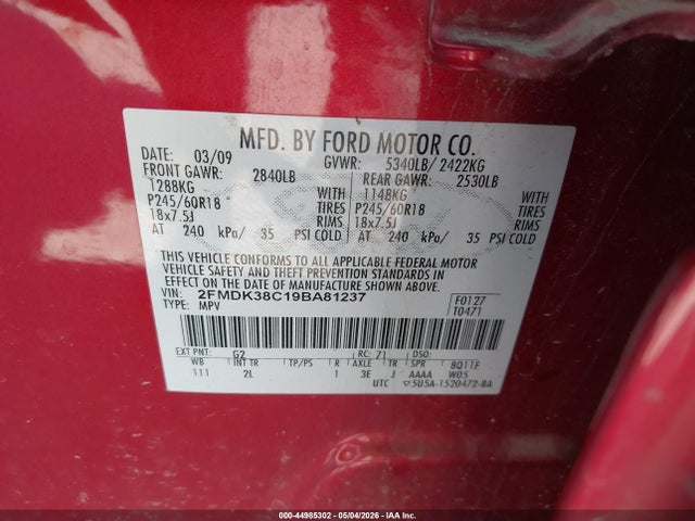 Aukcja sprzedaży 2009 Ford Edge Sel, vin: 2FMDK38C19BA81237, numer aukcji: 44985302