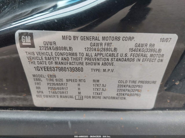 44985303 :رقم المزاد ، 1GYEE637980139360 vin ، 2008 Cadillac Srx V6 مزاد بيع