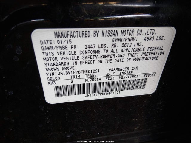 44985314 :رقم المزاد ، JN1BY1PP8FM601221 vin ، 2015 Infiniti Q70l 3.7 مزاد بيع