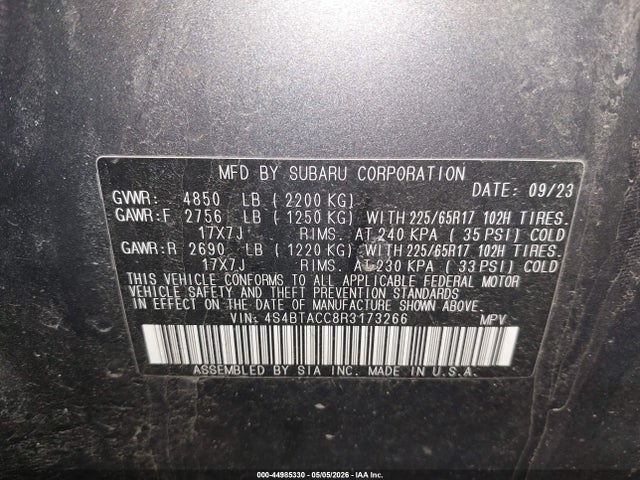 Aukcja sprzedaży 2024 Subaru Outback Premium, vin: 4S4BTACC8R3173266, numer aukcji: 44985330