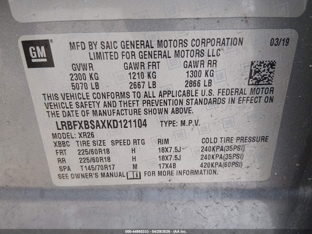 Aukcja sprzedaży 2019 Buick Envision Fwd Preferred, vin: LRBFXBSAXKD121104, numer aukcji: 44985333
