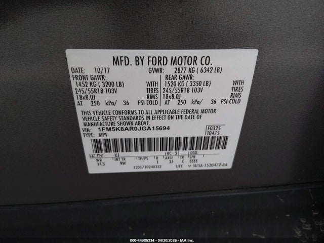 44985334 :رقم المزاد ، 1FM5K8AR0JGA15694 vin ، 2018 Ford Police Interceptor Utility مزاد بيع