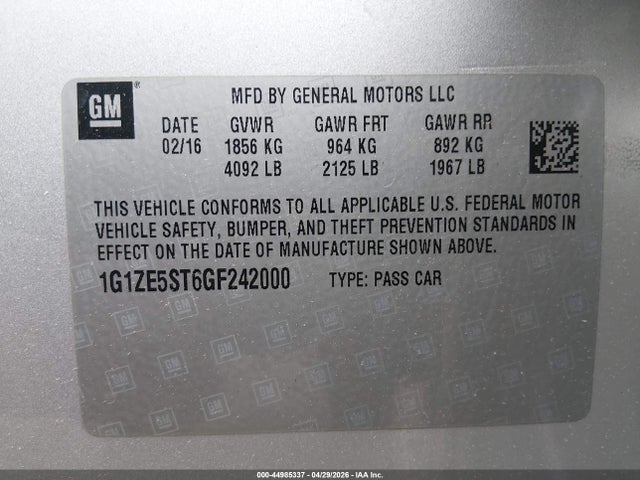 44985337 :رقم المزاد ، 1G1ZE5ST6GF242000 vin ، 2016 Chevrolet Malibu 1lt مزاد بيع