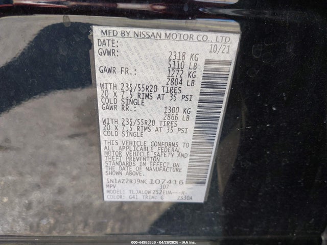2022 Nissan Murano Sv Fwd მანქანა იყიდება აუქციონზე, vin: 5N1AZ2BJ9NC107416, აუქციონის ნომერი: 44985339
