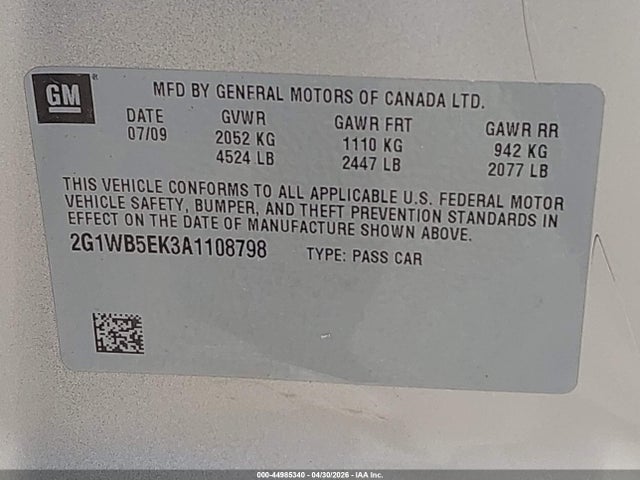 Продаж на аукціоні авто 2010 Chevrolet Impala Lt, vin: 2G1WB5EK3A1108798, номер лоту: 44985340
