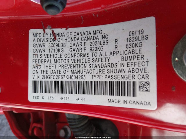 44985345 :رقم المزاد ، 2HGFC2F67KH604265 vin ، 2019 Honda Civic Lx مزاد بيع