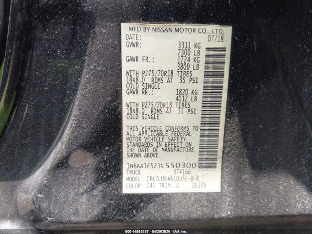 Продаж на аукціоні авто 2018 Nissan Titan Pro-4x, vin: 1N6AA1E52JN550300, номер лоту: 44985357