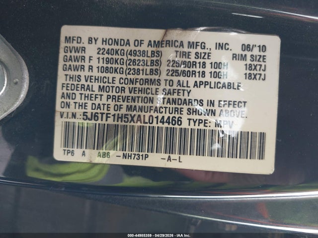 Auction sale of the 2010 Honda Accord Crosstour Ex-l, vin: 5J6TF1H5XAL014466, lot number: 44985359