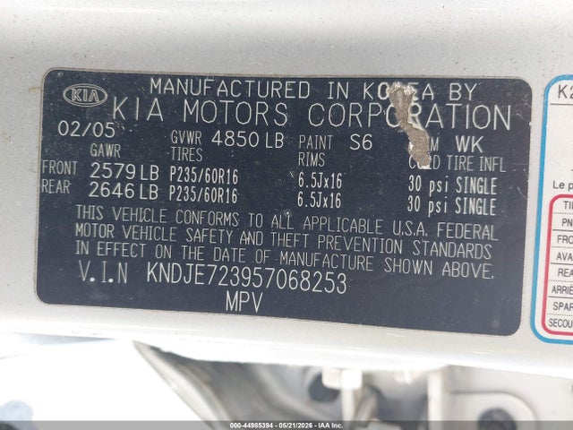 Auction sale of the 2005 Kia Sportage Ex V6/lx V6, vin: KNDJE723957068253, lot number: 44985394