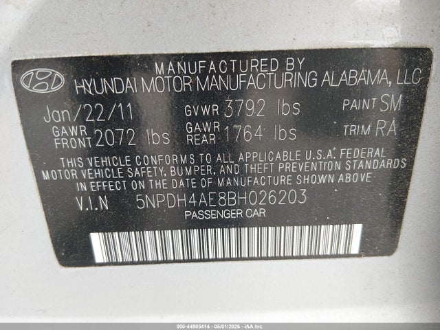 Aukcja sprzedaży 2011 Hyundai Elantra Gls, vin: 5NPDH4AE8BH026203, numer aukcji: 44985414